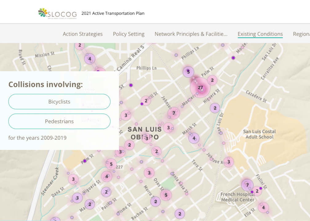 Map showing bike and pedestrian collisions in San Luis Obispo
