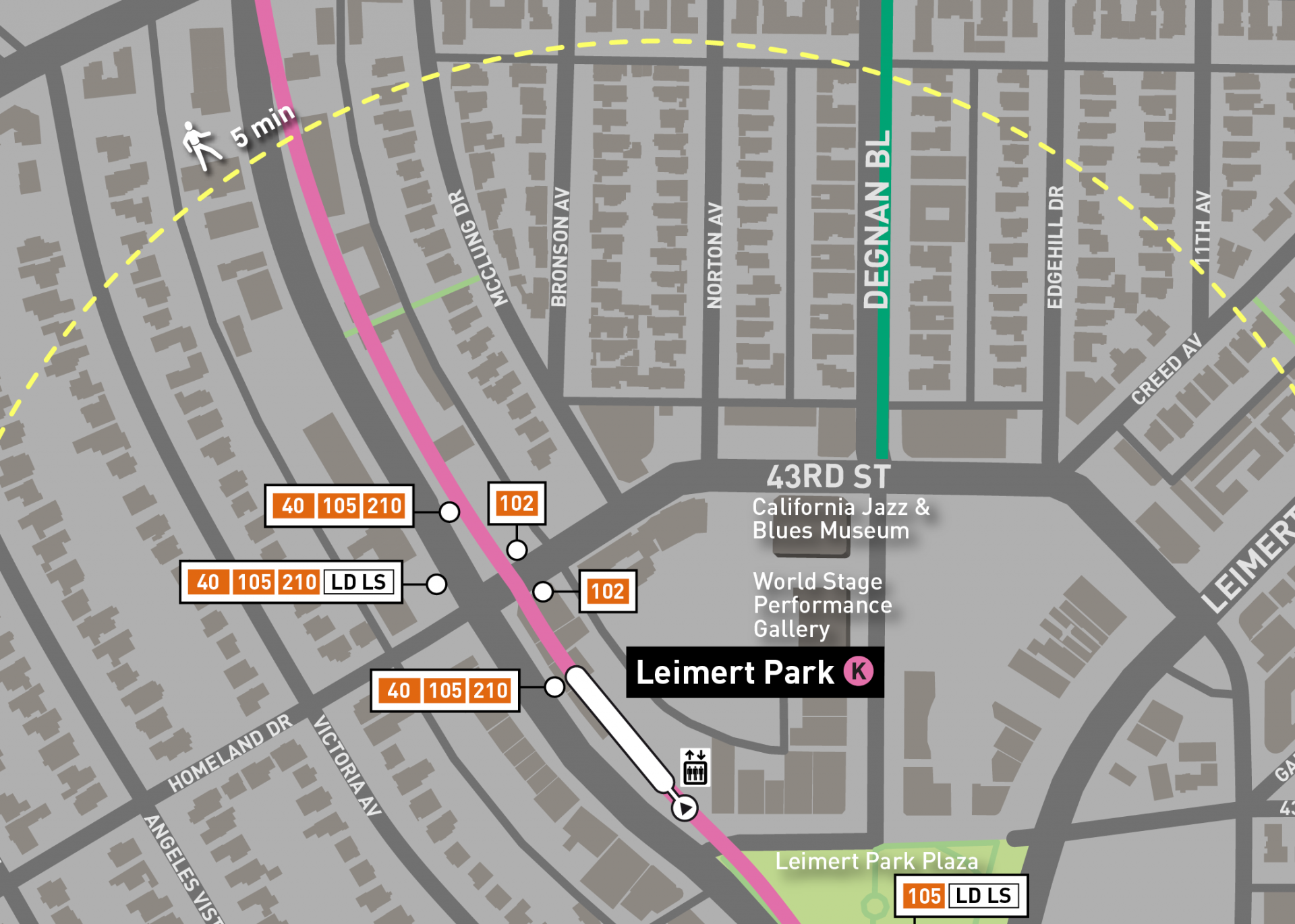Digital local area maps made by DCR for LA Metro. These maps show riders the nearest connections and points of interest within a 5 minute walkable zone.