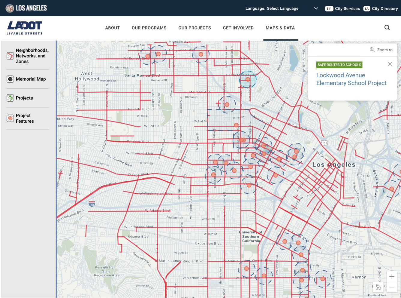 DCR provided strategic design and software development for LADOT Livable Streets Map and Data page.