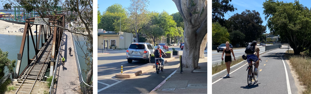 Three examples of protected infrastructure for cyclists and pedestrians across Santa Cruz and San Luis Obispo Counties. 