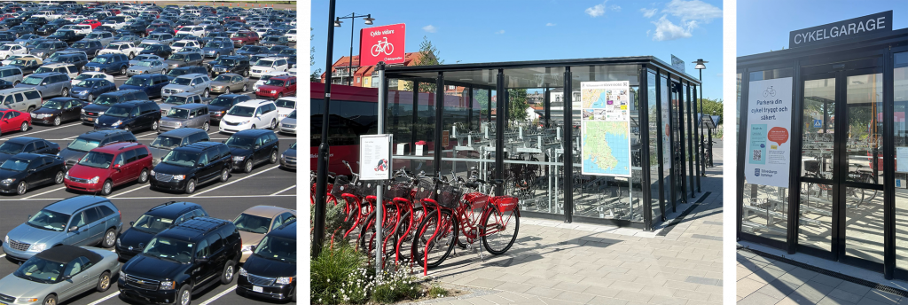 Comparison of the expansive space required for car parking vs the condensed space required for bicycle parking.
