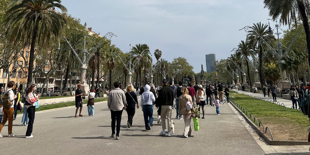 Car free street full of pedestrians in Barcelona, Spain